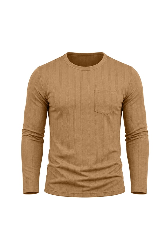 Men Long Sleeve Vertical Ribbed Crew Neck Tee Single Chest Pocket Four Way Stretch Slim Wrinkle Resistant Skin Friendly Layering Everyday Base Shirt Yellow S