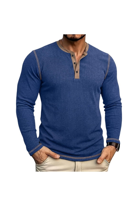 Men Long Sleeve Vertical Ribbed Henley Knit Shirt Contrast Collar Three Button Placket Contrast Stitch Seam Slim Fitted Stretch Casual Layering Top Blue M