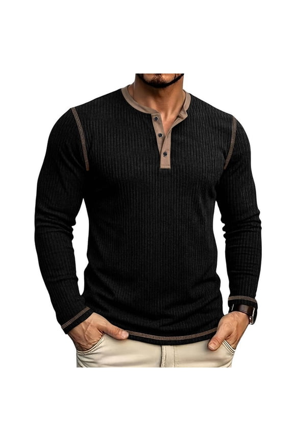 Men Long Sleeve Vertical Ribbed Henley Knit Shirt Contrast Collar Three Button Placket Contrast Stitch Seam Slim Fitted Stretch Casual Layering Top Black M
