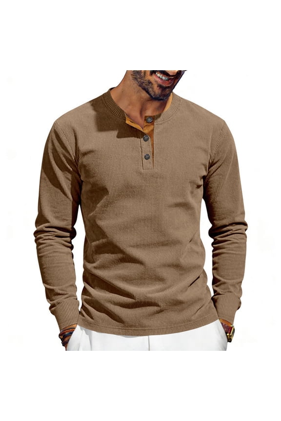 Men Long Sleeve Vertical Ribbed Henley Long Sleeve Three Button Notch Placket Contrast Inner Placket Soft Knit Relaxed Fit Daily Casual Layering Pullover Brown S