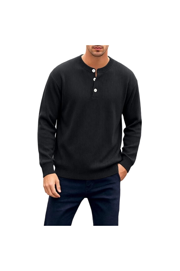 Men Long Sleeve Vertical Ribbed Henley Sweater Crew Neck Single Button Placket Four Way Stretch Slim Fit Lightweight Thermal Layering Daily Knit Top Black S
