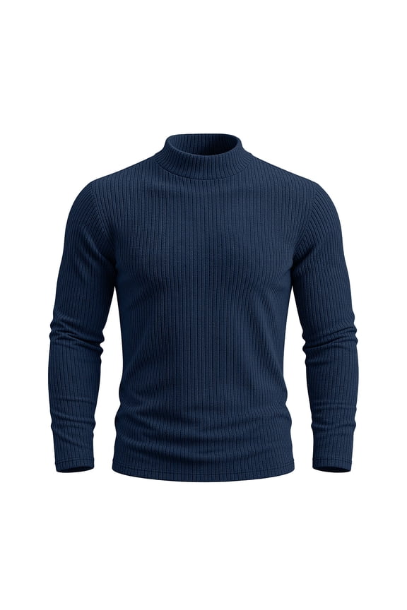 Men Long Sleeve Vertical Ribbed Mock Neck Sweater Four Way Stretch Slim Fit Soft Skin Friendly Thermal Layering Fall Winter Base Top Blue XXL