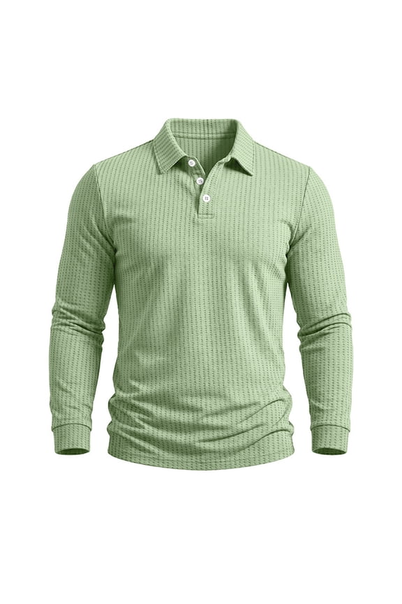 Men Long Sleeve Waffle Knit Shirt Lapel Collar Three Button Placket Ribbed Cuff Slim Fitted Stretch Wrinkle Free Business Casual Top Green L