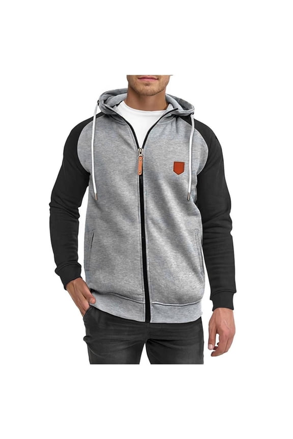 Men'S Casual Fashion Jacket Winter Thermal Blocking Color Zipper Coats With Pockets Long Sleeve Hooded Outwear Coat Black L