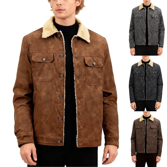 LpwkSSA Men Solid Button Stand-up Collar Long Sleeve Coat Faux Leather Shearling Lining Vintage Distressed Look Functional Pockets Casual Outwear for Fall Winter Black L