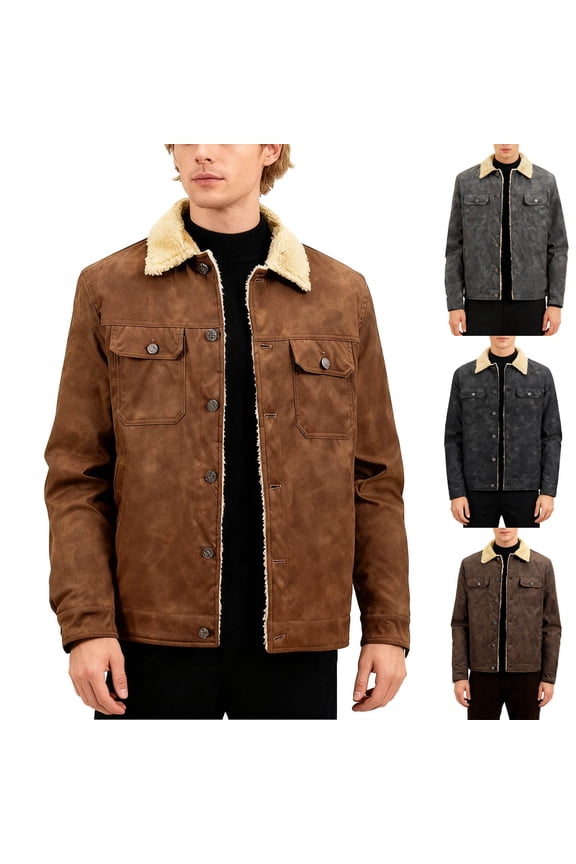 Men Solid Button Stand-up Collar Long Sleeve Coat Faux Leather Shearling Lining Vintage Distressed Look Functional Pockets Casual Outwear for Fall Winter Black L