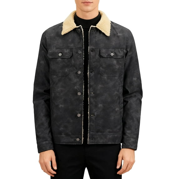 LpwkSSA Men Solid Button Stand-up Collar Long Sleeve Coat Faux Leather Shearling Lining Vintage Distressed Look Functional Pockets Casual Outwear for Fall Winter Black S