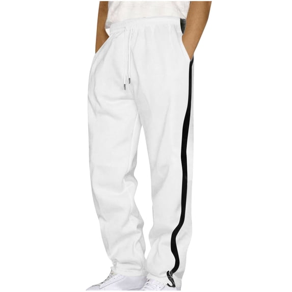 LpwkSSA Men Striped Sweatpants Casual Drawstring Waist Zippered Cuffs Multi-Pocket Patchwork Design Loose Fit Comfortable Casual Trousers for Work Outdoor Daily Wear White S