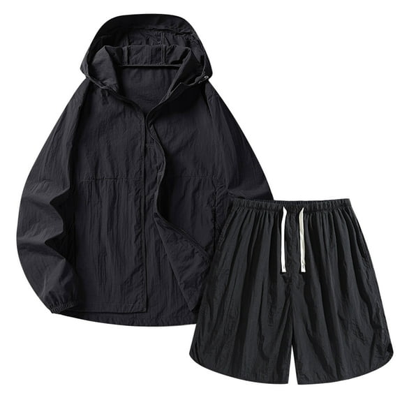 LpwkSSA Men Summer Breathable Fishing Suit Sun Protection Hooded Jacket Lightweight Shorts Outdoor Casual Wear Comfortable Fabric Exercise Suit Black XL