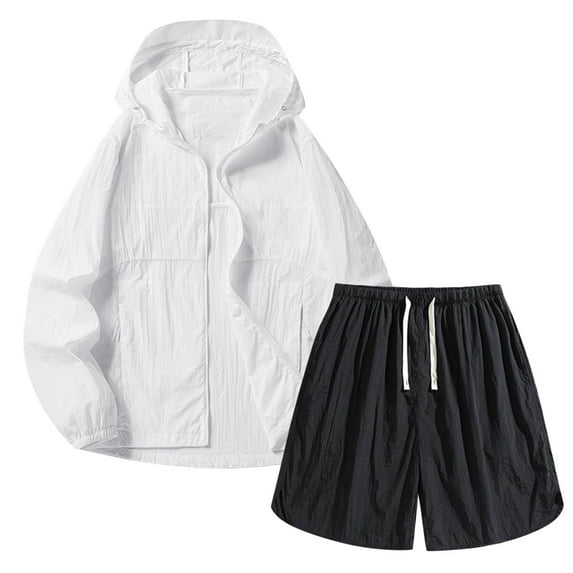 LpwkSSA Men Summer Breathable Fishing Suit Sun Protection Hooded Jacket Lightweight Shorts Outdoor Casual Wear Comfortable Fabric Exercise Suit White XXXL