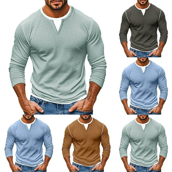 LpwkSSA Men T-shirt Fake Two-piece Double-layer Fashionable Splicing Long Sleeved Top Base Shirt Men's Long Sleeved V-neck Top/shirt Blue L