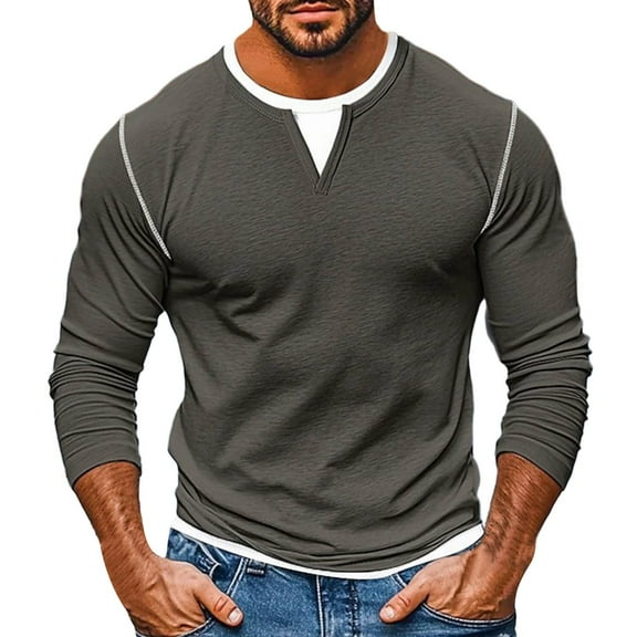 LpwkSSA Men T-shirt Fake Two-piece Double-layer Fashionable Splicing Long Sleeved Top Base Shirt Men's Long Sleeved V-neck Top/shirt Gray S