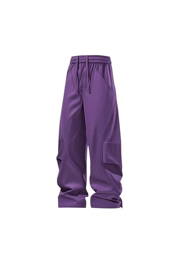 Men Windbreaker Pants Casual Outdoor Fashion Straight Type Zipper Pockets Elastic Waist Soft Breathable Full Length Jogging Climbing Pants for Daily Wear Purple XXXL