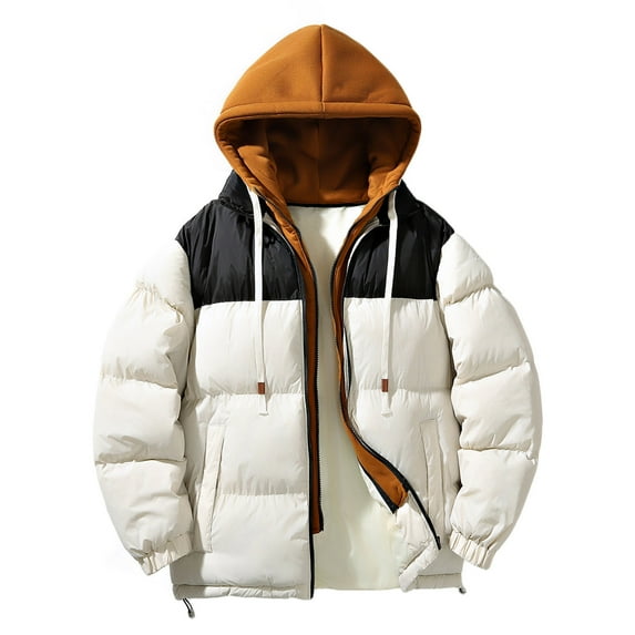LpwkSSA Men Winter Puffer Hoodie Short Padded Coats Casual Patchwork Hooded Zipper Jacket with Pockets Long Sleeve Coat Beige M
