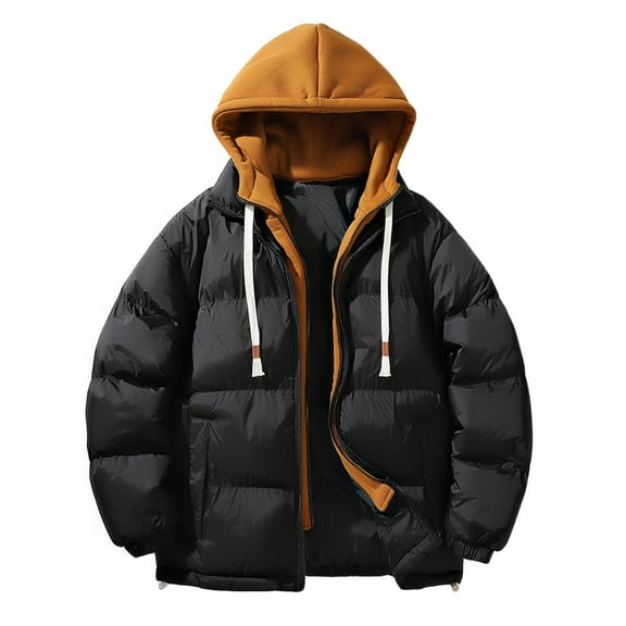 LpwkSSA Men Winter Puffer Hoodie Short Padded Coats Casual Patchwork Hooded Zipper Jacket with Pockets Long Sleeve Coat Black XXL
