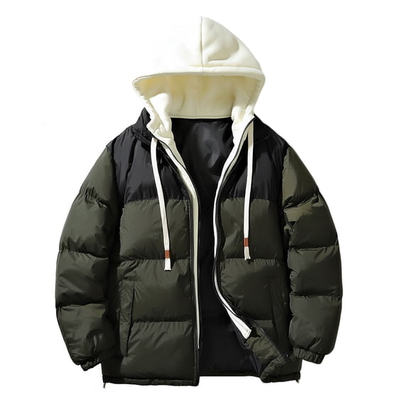 LpwkSSA Men Winter Puffer Hoodie Short Padded Coats Casual Patchwork Hooded Zipper Jacket with Pockets Long Sleeve Coat Green XL