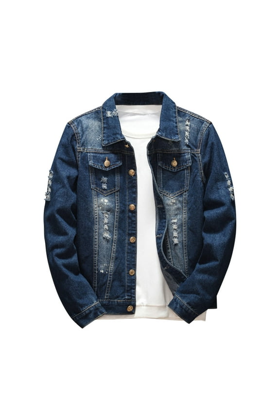 Men's Basic Denim Jackets Solid Color Button Down Jean Jacket Long Sleeve Lapel Outweat Fashion Streetwear Fall Coats with Pockets Blue XXL