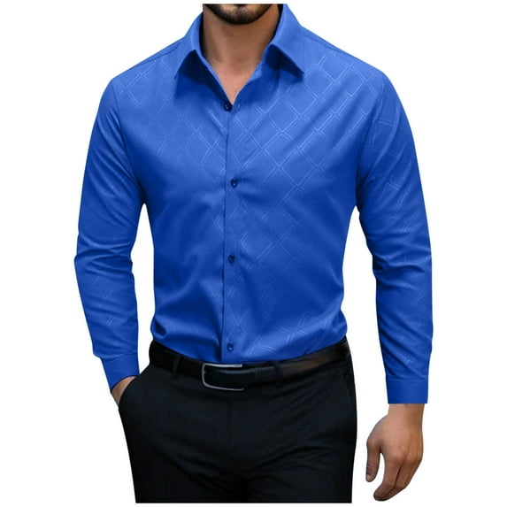 LpwkSSA Men's Business Dress Shirt Long Sleeve Turndown Collared Button Shirt Regular Fit Solid Color Wrinkle-Free Casual Fashion Shirt Blue S