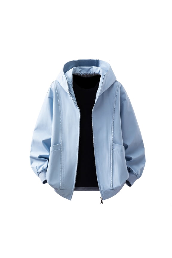 Men's Cardigan Coat Full Zipper Hooded Jacket Casual Solid Color Drawstring Coats Fashion Outdoor Long Sleeve Outerwear Coats Blue XL