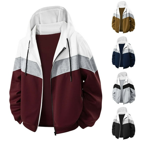 LpwkSSA Men's Cardigan Hooded Coat Winter Zipper Color Blocked Long Sleeved Jacket Double Sided Velvet Sweatshirt Cardigan Casual Fashion Jackets Gray S
