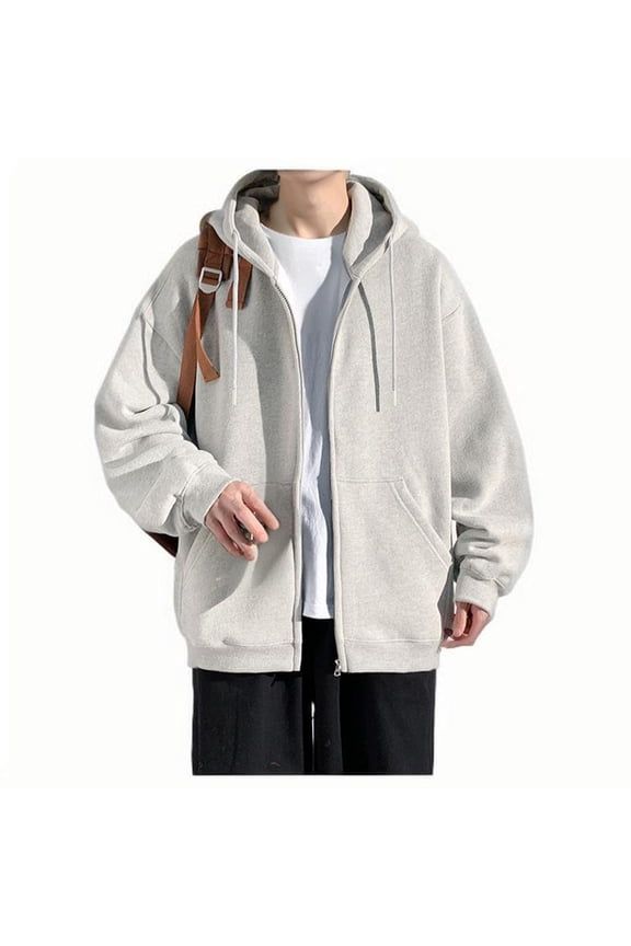 Men's Cardigan Hooded Jacket Solid Color Quilted Zipper Long Sleeve Drawstring Windproof Outcoat with Pocket Trendy Loose Workout Coat Silver XXXXL