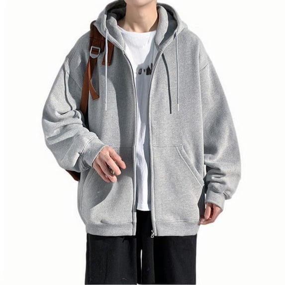 LpwkSSA Men's Cardigan Hooded Jacket Solid Color Quilted Zipper Long Sleeve Drawstring Windproof Outcoat with Pocket Trendy Loose Workout Coat Gray L