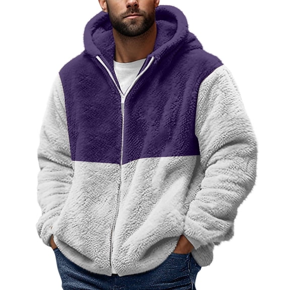 LpwkSSA Men's Cardigan Jacket Double Sided Velvet Lined Sweatshirt Coat Block Color Zipper Casual Jacket with Pockets Thermal Lined for Winter Comfort Purple L