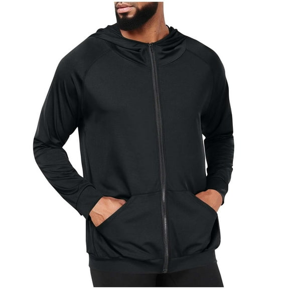 LpwkSSA Men's Casual Elastic Sports Jacket Zipper Long Sleeve Solid Color Hooded Coat With Pockets Qucik-Drying Sports Fitness Jacket Black XL