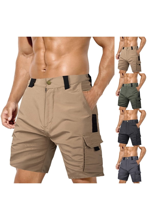 Men's Casual Elastic Waist Drawstring Solid Multi Pocket Workwear Shorts Pants Green L