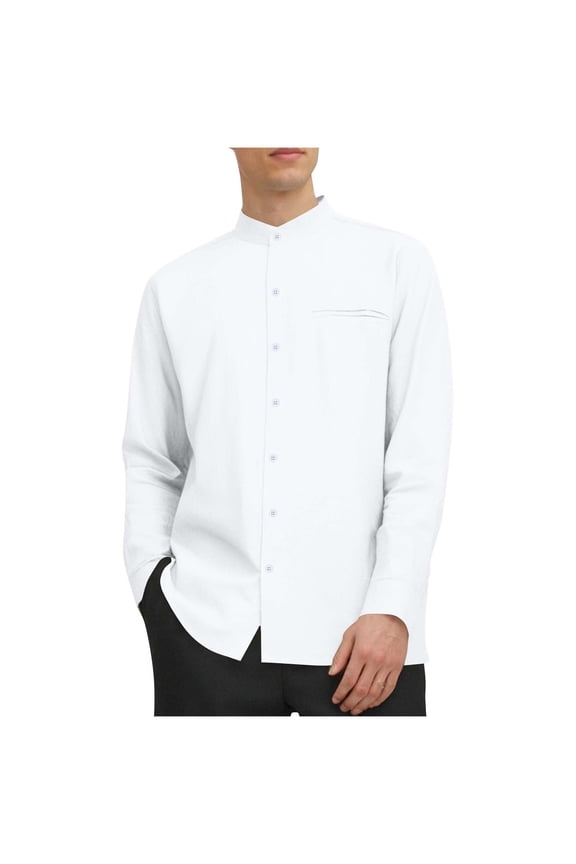 Men's Casual Fashion Cotton Linen Shirt Long Sleeve Stand Collar Button Loose Fit Side Split Blouse With Pocket White M