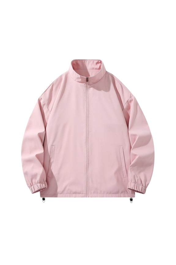 Men's Casual Fashion Solid Color Long Sleeve Stand Collared Jacket with Zipper Pockets Hoodless Lightweight Coat Jacket Pink XL