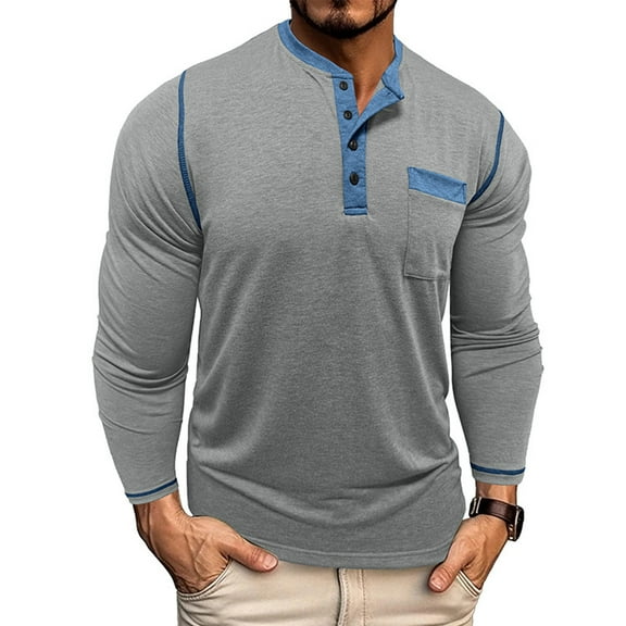 LpwkSSA Men's Casual Fashion Solid Color Round Neck Button Pocket Blouses /T-shirt Gray M
