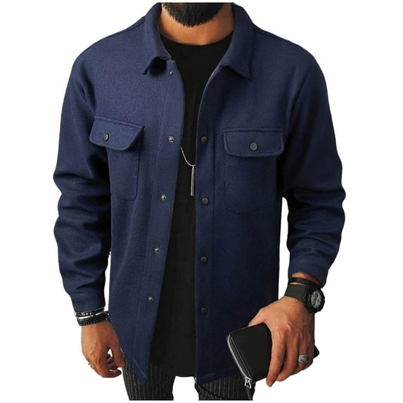 LpwkSSA Men's Casual Jacket Lightweight Long Sleeve Fashion Shirt Solid Color Button Cardigan with Double Pocket Workwear Coat Blue M