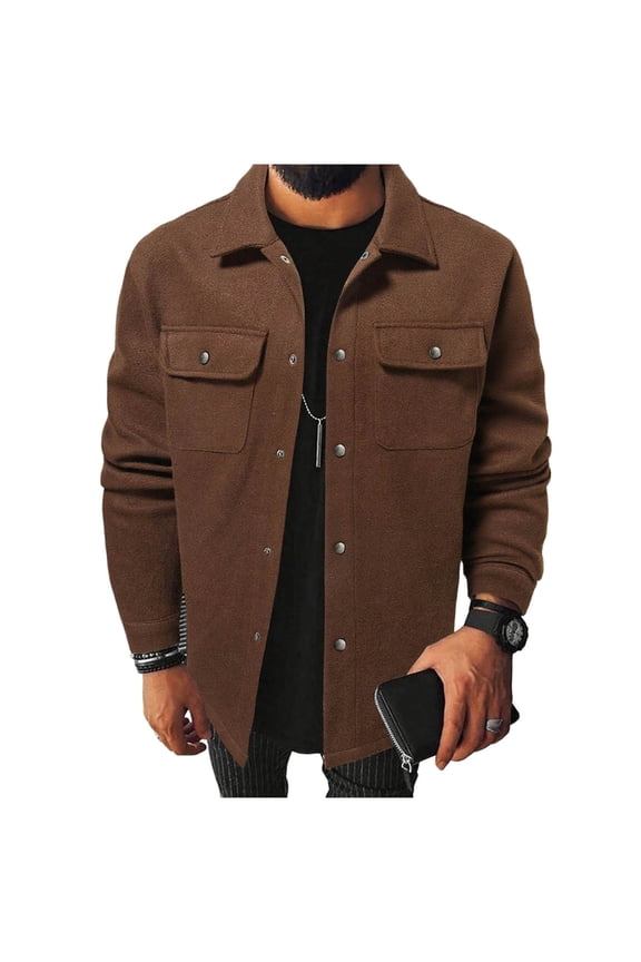 Men's Casual Jacket Lightweight Long Sleeve Fashion Shirt Solid Color Button Cardigan with Double Pocket Workwear Coat Brown L
