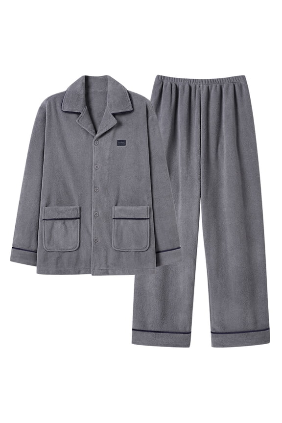 Men's Casual Loungewear Set Lapel Button-Down Thickened Lamb Wool Fleece Cardigan Soft Breathable Fabric Pockets Pajama Set Outdoor Winter Wear Gray XXL
