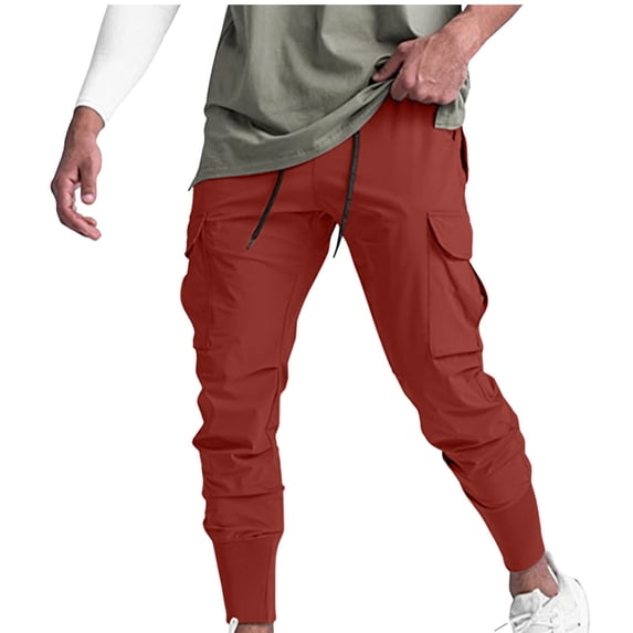 LpwkSSA Men's Casual Sports Pants Elastic Tight Fitting Breathable Full Length Drawstring Closure Pockets Perfect for Jogging Hiking Relaxing Outdoor Activities Red M