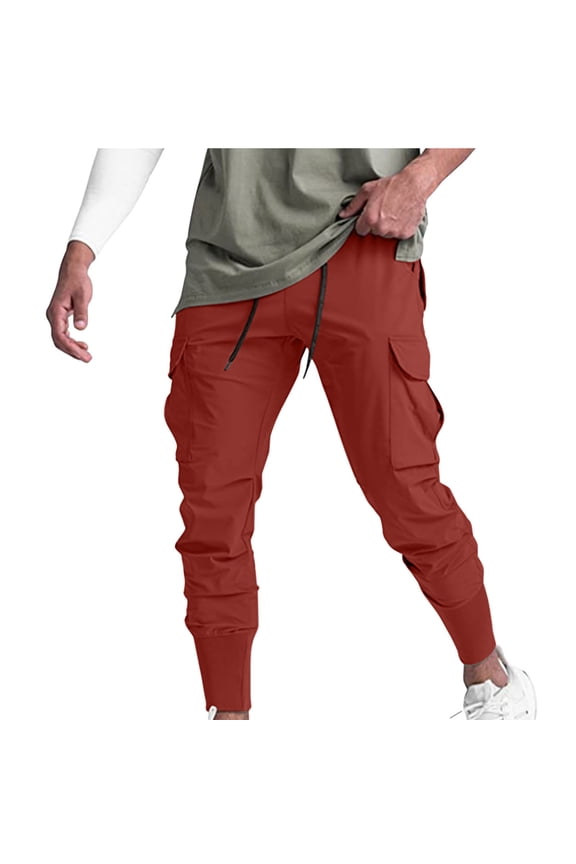 Men's Casual Sports Pants Elastic Tight Fitting Breathable Full Length Drawstring Closure Pockets Perfect for Jogging Hiking Relaxing Outdoor Activities Red L