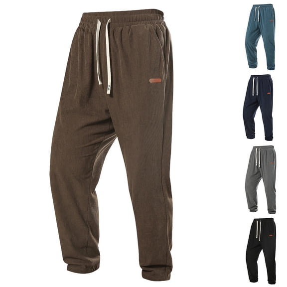 LpwkSSA Men's Casual Sports Pants Loose Fit Drawstring Waist Side Pockets Versatile Corduroy Trousers for Daily Wear Outdoor Activities Parties School Clothing Black L