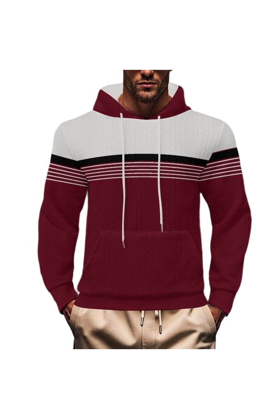 Men's Casual Striped Hoodie Soft Fabric Comfortable Breathable Side Pockets Drawstring Long Sleeves Regular Fit Hooded Sweatshirt Spring Outdoor Activities Red XXL