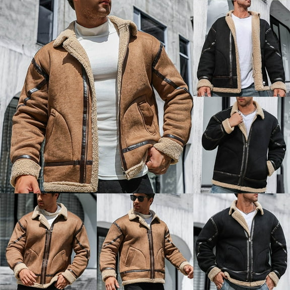 LpwkSSA Men's Casual Thermal Coat Fleece Lined Zipper Turndown Collar Solid Color Vintage Winter Warm Textured Coats with Pockets Black L