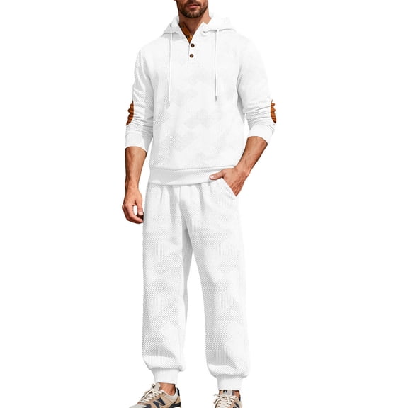 LpwkSSA Men's Casual Tracksuit Long Sleeve Hooded Top Drawstring Elastic Waist Pants Comfortable Fit Outdoor Jacket Set Ideal for Winter Activities White L