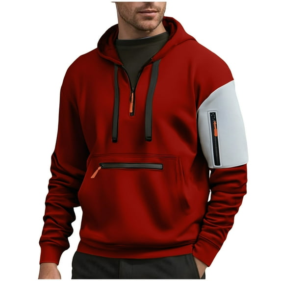 LpwkSSA Men's Color Blocked Hoodies Casual Pullover Hooded Sweatshirt Long Sleeve Quarter Zip Sports Hoodie With Front and Arm Pocket Red XXL