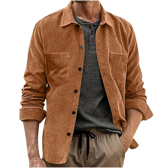 LpwkSSA Men's Corduroy Coat Retro Solid Color Loose Fit Jacket Casual Fashion Lapel Button Long Sleeve Coats with Chest Pockets Brown L