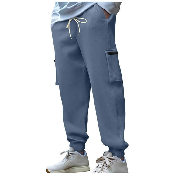 LpwkSSA Men's Corduroy Workwear Pants Straight Leg Casual Sports Sweatpants Side Zipper Pocket Elastic Waist Drawstring Comfortable Blue S