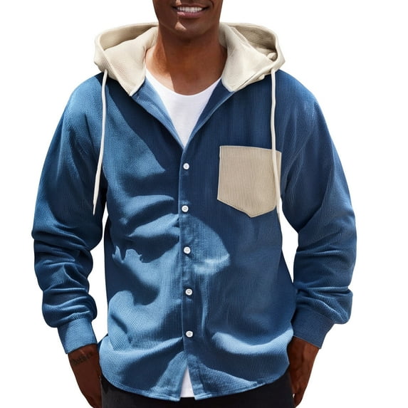 LpwkSSA Men's Daily Outwear Jacket Casual Fashion Solid Color Long Sleeved Hooded Drawstring Button Corduroy Coat with Pocket Blue XL