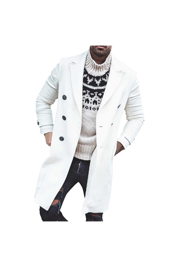 Men's Double Breasted Trench Coat Hooded Wool Coat Mid-Length Solid Color Casual Long Sleeve Overcoat Windbreaker Jacket with Pockets White XXL