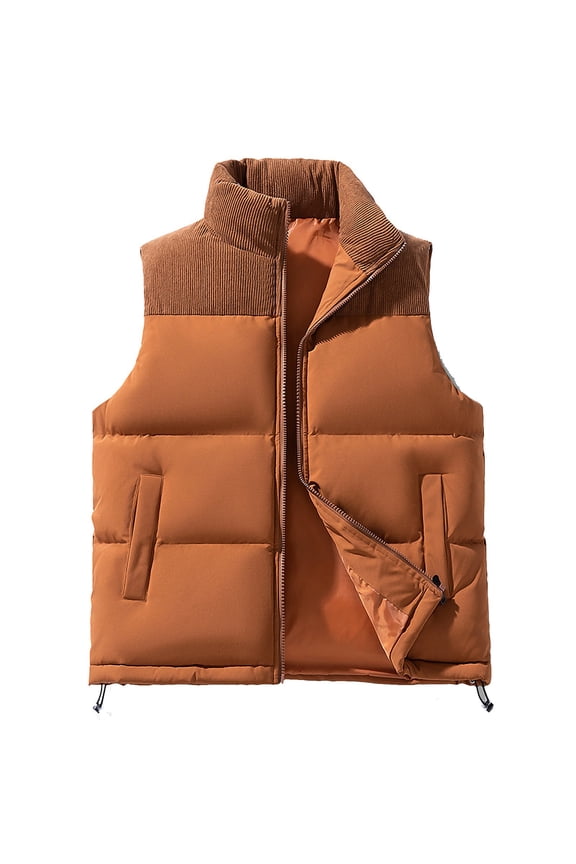 Men's Down Vest Coat Thick Cotton Sleeveless Fleece Outdoor Windproof Color Block Corduroy Windproof Clothing Brown M
