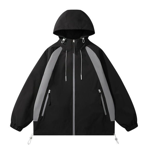 LpwkSSA Men's Drawstring Hoodie Fashion Color Block Loose Fit Casual Outdoor Hiking Windbreaker with Zip-Up Long Sleeve Jacket Featuring Pockets Black S