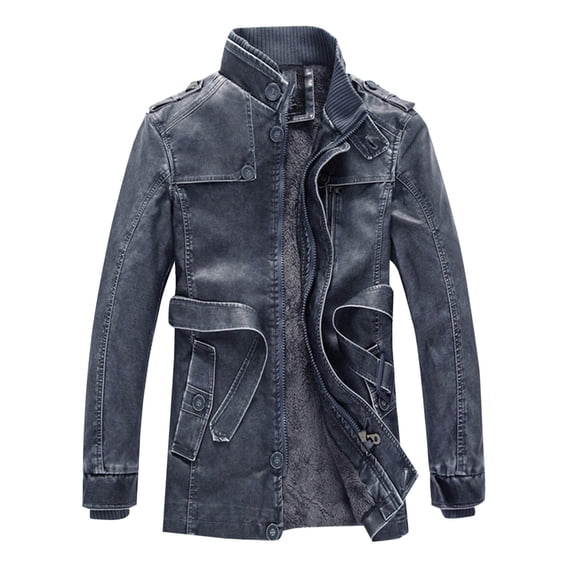 LpwkSSA Men's Fall Winter Leather Coat Long Sleeve Button Pockets Stand Collar Jacket Casual Slim Fit Fashion Clothes Single West Coat Blue XXXL