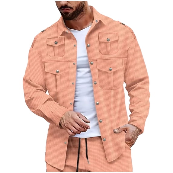 LpwkSSA Men's Fashion Cardigan snap cardigan Jacket with Multi Pockets Trendy Solid Color Long Sleeve Lapel Jacket for Daily Outwear Pink XL